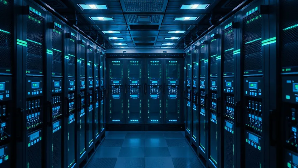A high-tech server room with glowing blue and green status l